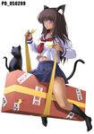  1girl animal_ears black_hair cat cat_ears copyright_request dark-skinned_female dark_skin highres long_hair purple_eyes school_uniform serafuku shinozuka_jouji socks solo straddling tail 