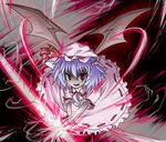  :d bat_wings dress flying frills haro_(artist) hat light looking_at_viewer mob_cap open_mouth puffy_short_sleeves puffy_sleeves red_eyes remilia_scarlet shaded_face short_sleeves smile solo touhou vampire white_dress wings 