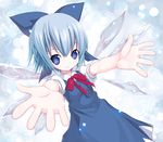  blue_eyes blue_hair bow cirno ice ice_wings kiira lowres outstretched_arms ribbon short_hair smile solo touhou wings 