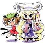  &gt;_&lt; animal_ears blonde_hair blue_eyes blush_stickers brown_hair cat_ears cat_tail chen chibi closed_eyes earrings fang fox_tail hat herada_mitsuru jewelry long_sleeves lowres multiple_girls multiple_tails pillow_hat short_hair tail tassel touhou white_background wide_sleeves yakumo_ran 