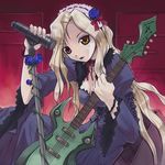  akiyoshi_yoshiaki blonde_hair flower gothic guitar heterochromia instrument long_hair microphone microphone_stand mole mole_under_eye original rose solo 