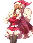  bad_id bad_pixiv_id bell belt black_legwear brown_eyes brown_hair christmas dress emi_(emi43) hat original sack santa_costume santa_hat simple_background solo thighhighs white_background zettai_ryouiki 