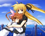  blonde_hair blue_sky brown_hair cloud day dress fate_testarossa floating_hair hug long_hair long_sleeves looking_at_viewer lowres lyrical_nanoha mahou_shoujo_lyrical_nanoha multiple_girls ocean outdoors red_eyes sailor_collar sailor_dress school_uniform seishou_elementary_school_uniform short_sleeves sky takamachi_nanoha takase_shin'ya twintails very_long_hair water white_dress wind 