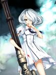  blood blue_eyes blue_hair copyright_request gatling_gun gun huge_weapon school_uniform solo weapon yamaoka_sawara 