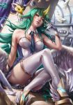  1girl alternate_costume alternate_eye_color alternate_hair_color alternate_hairstyle book breasts fluffy_ears glasses gloves green_hair horn league_of_legends library long_hair solo soraka star_guardian_soraka thighhighs very_long_hair white_gloves white_legwear white_wings wings 