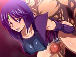  1girl aguija arm_grab banned_artist blush breasts censored covered_nipples elbow_gloves forehead_jewel gloves large_breasts lipstick makeup mosaic_censoring muscle nude penis purple_eyes purple_hair raburebo short_hair super_robot_wars super_robot_wars_original_generation sweat 