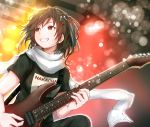  1girl baileys_(tranquillity650) bangs blurry blurry_background blush bokeh brown_eyes brown_hair clothes_writing depth_of_field electric_guitar grin guitar hair_between_eyes hair_ornament highres holding_plectrum indoors instrument kantai_collection lights looking_away music playing_instrument plectrum remodel_(kantai_collection) scarf sendai_(kantai_collection) shirt short_hair sidelocks signature smile strap sweat twitter_username two_side_up white_scarf 