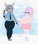  anthro big_breasts blush bottomwear bracelet breasts cleavage clothed clothing dessert duo ear_piercing eyewear female food glasses hair hand_holding hi_res huge_breasts ice_cream ice_cream_cone jewelry lagomorph leporid lunarclaws male male/female mammal multicolored_hair murid murine nova_(lunarclaws) piercing rabbit rat rodent skirt two_tone_hair wristband 