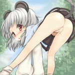  animal_ears arm_support ass_up bent_over blush butt censored dress female ginji74 hair human looking_back mammal mouse_ears mouse_tail nazrin outside peeing plain_background pussy red_eyes short_hair silver_hair solo touhou urine young 