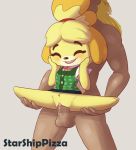  2018 animal_crossing anthro balls blonde_hair canine clothed clothed/nude clothed_female_nude_male clothing dog eyes_closed faceless_male female fur hair happy happy_sex human human_on_anthro interspecies isabelle_(animal_crossing) larger_male male male/female male_on_anthro male_penetrating mammal nintendo no_underwear nude open_mouth open_smile penetration penis pussy_juice raised_skirt sex shih_tzu size_difference smaller_female smile spread_legs spreading stand_and_carry_position standing starshippizza vaginal vaginal_penetration video_games yellow_fur 