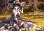  black_eyes black_hair breasts cleavage corset flowers forest gloves grass hat long_hair nodata original skirt thighhighs tree witch_hat 
