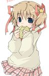  blue_eyes blush bread brown_hair eating food kamikita_komari little_busters! looking_at_viewer makiemon melon_bread short_hair simple_background sketch skirt solo twintails white_background 