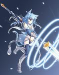  animal_ears armor bell blue_eyes blue_hair cat_ears cat_tail chain elbow_gloves facial_mark gloves greaves hair_bell hair_ornament jewelry jingle_bell magic midriff necklace original polearm satomi solo tail thighhighs weapon 