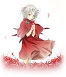  .hack//ai_buster 1girl artist_request dress flower hands_clasped highlights lycoris_(.hack//) multicolored_hair own_hands_together petals red_dress robe short_hair silver_hair smile solo spider_lily wind yellow_eyes 