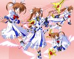  arm_guards bow bowtie cropped_jacket dress fingerless_gloves full_body gloves hair_ribbon holding jacket lance long_skirt long_sleeves looking_at_viewer lyrical_nanoha magazine_(weapon) magic_circle magical_girl mahou_shoujo_lyrical_nanoha mahou_shoujo_lyrical_nanoha_a's mahou_shoujo_lyrical_nanoha_strikers miniskirt multiple_persona open_clothes open_jacket orb polearm purple_eyes red_bow red_hair red_neckwear ribbon rod shoes skirt spear sphere staff takamachi_nanoha thighhighs twintails waist_cape weapon white_dress winged_shoes wings yone 