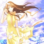  bare_shoulders bow brown_hair dress long_hair lowres mishima_reika rahxephon red_eyes solo yuki_tomo 