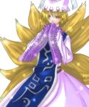  blonde_hair dress frills hands_in_opposite_sleeves hat himeka long_sleeves looking_at_viewer pillow_hat short_hair sleeves_past_wrists solo standing tabard tassel touhou white_dress wide_sleeves yakumo_ran yellow_eyes 