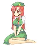  barefoot blush braid hong_meiling long_hair oekaki raina sitting solo touhou twin_braids wariza 