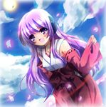  aquamarine hakama hanyuu higurashi_no_naku_koro_ni horns japanese_clothes lowres miko purple_eyes purple_hair red_hakama solo 