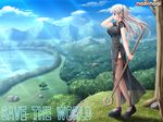  breasts kafu long_hair mabinogi medium_breasts nao_(mabinogi) nature ribbon scenery silver_hair solo thighhighs twintails 