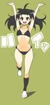 arms_up ass_visible_through_thighs black_eyes black_hair black_legwear bra copyright_request full_body green_background kneehighs leg_up lingerie looking_at_viewer navel nora_higuma open_mouth panties solo underwear underwear_only upper_teeth white_footwear 