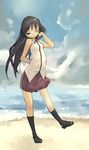  beach black_hair cloud day hair_tousle hino_akira long_hair ocean original outdoors shoes skirt sky socks solo 