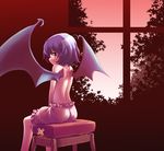  back bloomers blue_hair blush from_behind looking_back purple_hair red_eyes remilia_scarlet short_hair sitting solo takahero topless touhou underwear white_bloomers wings 