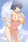  :d ai_yori_aoshi bikini blue_eyes blue_hair breasts cleavage cloud cowboy_shot day hand_on_own_chest hirose_(mokiki) large_breasts leaning_forward looking_at_viewer navel open_mouth orange_bikini sakuraba_aoi short_hair side-tie_bikini sky smile solo swimsuit untied 