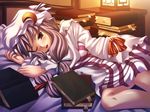  ;o bed bed_sheet blush book bow braid crescent dress grey_hair hat hood ichio indoors lamp lantern light long_sleeves looking_back lying mob_cap nightgown on_bed on_side one_eye_closed open_mouth paper_lantern patchouli_knowledge pillow pink_dress purple_eyes purple_hair solo table touhou waking_up 