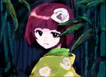  bamboo bamboo_forest bangs blunt_bangs closed_mouth expressionless floral_print flower forest hair_flower hair_ornament hieda_no_akyuu japanese_clothes kimono kuma_(crimsonvanilla) looking_at_viewer looking_back nature purple_eyes purple_hair rose short_hair solo touhou white_flower white_rose 