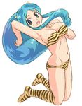  animal_print arm_up bikini blue_eyes blue_hair boots breasts cleavage fang full_body hand_on_own_breast hirose_(mokiki) horns knee_boots large_breasts long_hair looking_at_viewer lum navel oni_horns open_mouth simple_background solo swimsuit tiger_print urusei_yatsura white_background 