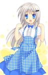  apron blue_eyes bow fuyuichi koubeya_uniform little_busters! long_hair noumi_kudryavka open_mouth plaid plaid_apron silver_hair solo waitress 