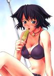  animal_ears bell bell_collar bikini blue_eyes blue_hair breasts cleavage collar copyright_request food large_breasts popsicle solo swimsuit tanaka_shoutarou 