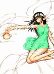  armpits bandages barefoot black_hair brown_eyes collarbone dress elf feet highres knees legs long_hair long_legs lying pointy_ears shining_(series) shining_wind solo tanaka_takayuki thighs xecty_ein 