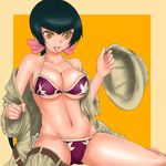  bangs barefoot bikini black_hair blunt_bangs breasts cleavage collarbone gundam gundam_00 hat hat_removed headwear_removed helmet large_breasts navel open_mouth pith_helmet rokuichi side-tie_bikini simple_background sitting solo swimsuit tongue tongue_out wang_liu_mei wariza yellow_background yellow_eyes 