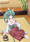  arm_support breasts cleavage fuuki-tan green_eyes green_hair hakama japanese_clothes large_breasts miko original ponytail red_hakama solo tabi tomusooya 