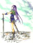  androgynous artist_request boots closed_eyes faris_scherwiz final_fantasy final_fantasy_v long_hair purple_hair reverse_trap solo sword weapon 