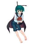  7c :o antennae barefoot blush cape full_body green_eyes green_hair holding long_sleeves open_mouth pants parted_lips shirt simple_background solo toes touhou white_background white_shirt wriggle_nightbug 