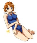  barefoot blue_swimsuit breasts full_body fuuka_academy_swimsuit impossible_clothes impossible_swimsuit large_breasts my-hime one-piece_swimsuit orange_hair purple_hair school_swimsuit short_hair simple_background solo swimsuit tokiha_mai white_background yakibuta 