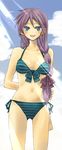  bad_id bad_pixiv_id bikini braid day hiiragi_miki kochoko long_hair lucky_star purple_hair solo striped striped_bikini swimsuit 