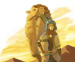  arm_at_side basket camel capelet carrying desert fingerless_gloves food fruit gloves green_hair grey_eyes hat hill jewelry looking_at_viewer magatama necklace original pack_animal parted_lips ron sash scarf sky solo turban yellow_sky 