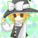  :&lt; blonde_hair blush bow braid brown_eyes buttons frown hair_bow hat hat_bow kirisame_marisa long_sleeves lowres side_braid single_braid solo touhou upper_body vest white_bow witch_hat yuzuki_(yuduame) 