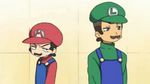  artist_request blue_eyes brown_hair buttons clothes_writing expressionless facial_hair looking_at_viewer looking_away looking_to_the_side lowres lucky_star luigi mario mario_(series) multiple_boys mustache overalls super_mario_bros. super_smash_bros. upper_body 