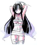  bandage_over_one_eye bandages black_hair breasts costume dusclops gen_3_pokemon homura_subaru large_breasts long_hair personification pokemon red_eyes simple_background solo underboob white_background 