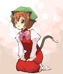  animal_ears brown_eyes brown_hair cat_ears cat_tail chen earrings hat jewelry oekaki raina seiza short_hair sitting solo tail touhou 