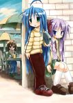  blue_hair bullying camcorder camera coat drink fang hiiragi_kagami izumi_konata kusakabe_misao lucky_star mole mole_under_eye multiple_girls purple_hair sakanaya_nakasa 