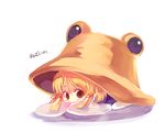  big_hat blonde_hair brown_eyes cis_(carcharias) hat looking_at_viewer lowres lying minigirl moriya_suwako oversized_object sleeves_past_wrists solo touhou 