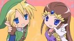  1girl artist_request blonde_hair blue_eyes brown_hair link lowres lucky_star pointy_ears princess_zelda super_smash_bros. the_legend_of_zelda the_legend_of_zelda:_twilight_princess 