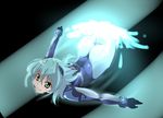  blue_bodysuit blue_hair bodysuit glowing green_eyes looking_at_viewer lyrical_nanoha magic mahou_shoujo_lyrical_nanoha_strikers numbers'_uniform numbers_(nanoha) outstretched_arms sein_(nanoha) short_hair signalpink skin_tight solo 