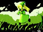  dress field full_body grass green hat lily_white long_hair long_sleeves monochrome nature outdoors plant ponytail running solo tate_eboshi touhou tree 